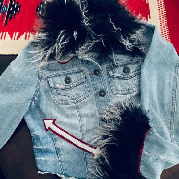 Chic Upcycled Denim Jacket with Mongolian Lamb Fur Collar and Cuffs with Cowhide - Picture 10 of 14